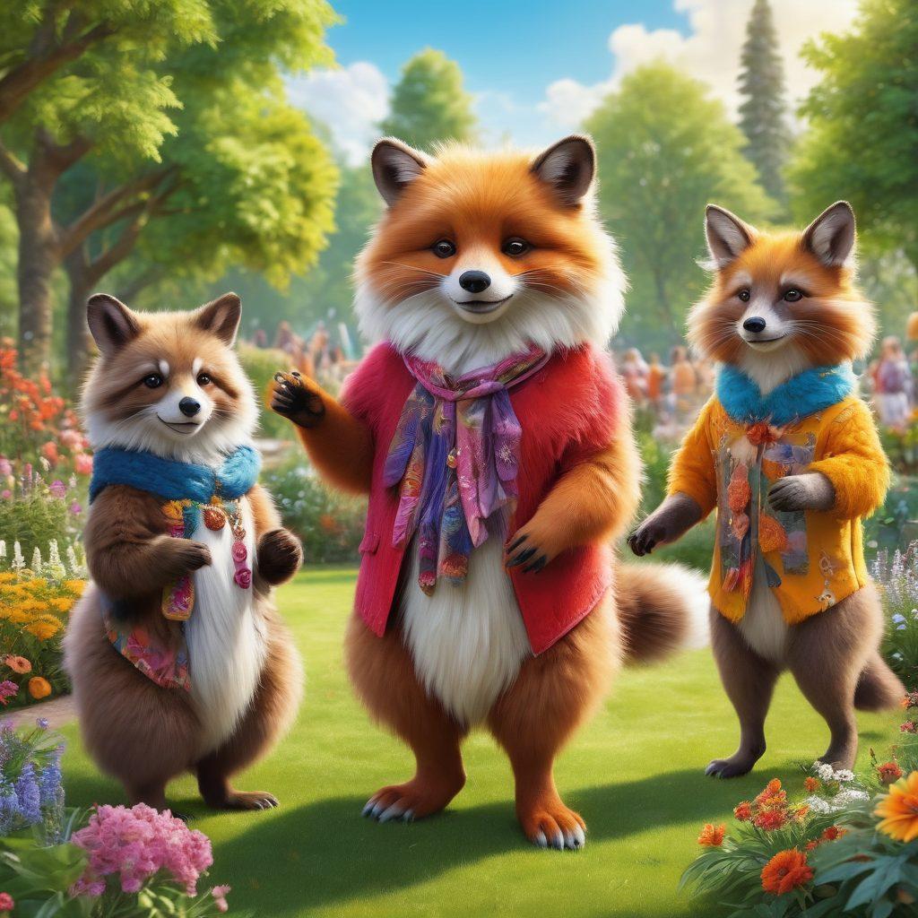 A vibrant gathering of anthropomorphic animals showcasing a variety of fur patterns, colors, and personalities, engaging in joyful activities like dancing and painting together. Include whimsical elements such as colorful banners and furry art displays, set against a sunny park backdrop with lush greenery and flowers. Capture the spirit of friendship and creativity in the furry community. super-realistic. vibrant colors. 3D.
