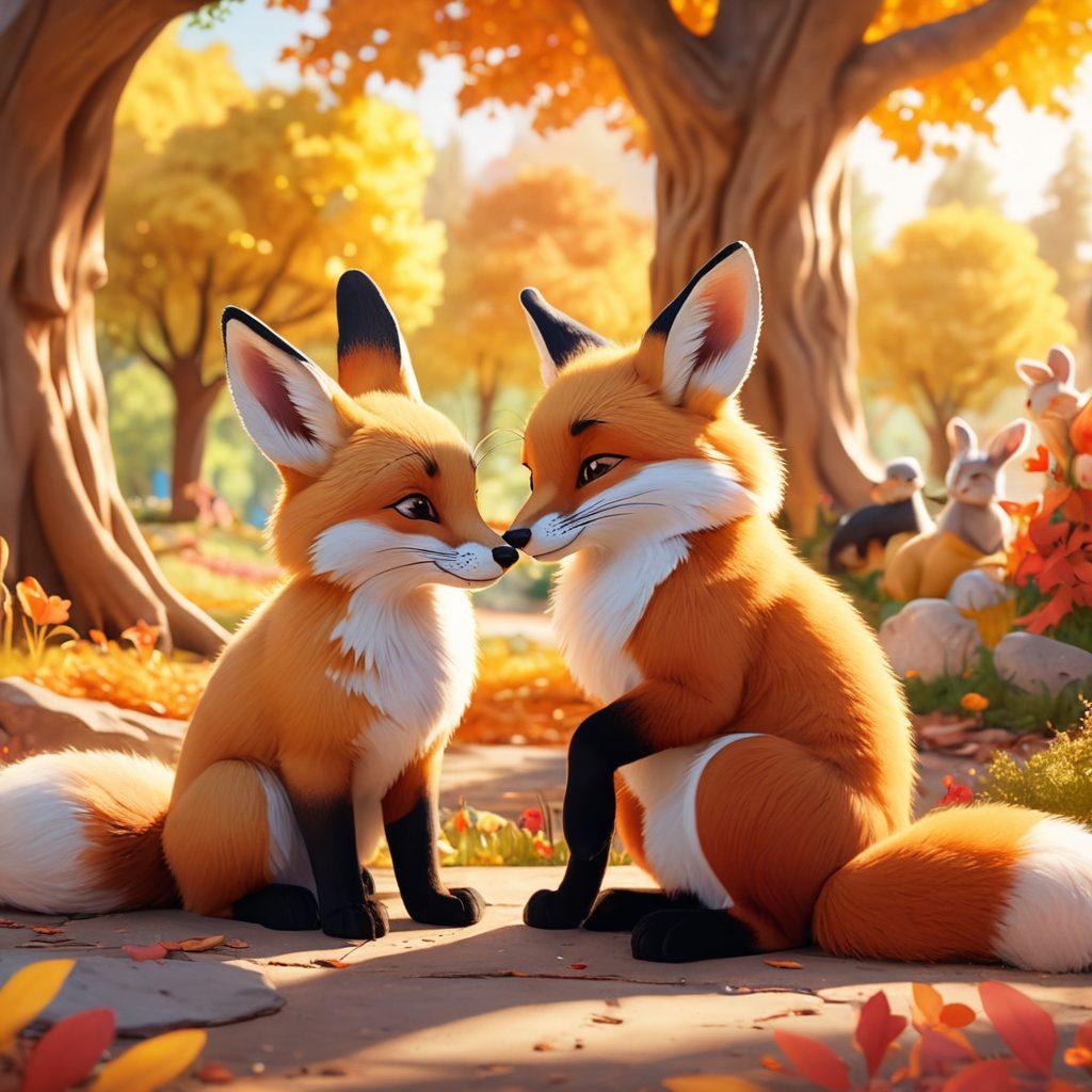 A heartwarming scene of furry characters sharing a cozy moment in a blissful park setting, surrounded by colorful trees and playful animals, featuring a gentle embrace between a fox and a rabbit, symbolizing compassion in relationships. Warm sunlight filters through the leaves, casting a golden hue on their fur. The atmosphere is vibrant and inviting. cartoonish style. vibrant colors. soft focus.