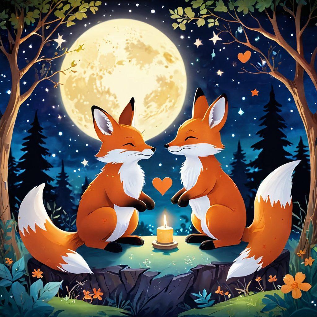 A cozy scene featuring two anthropomorphic animals, a fox and a rabbit, sitting close together under a starlit sky, surrounded by playful symbols of friendship and romance like hearts and intertwined tails. The backdrop includes a lush forest illuminated by soft moonlight, emphasizing intimacy and connection. The characters display playful expressions, hinting at their evolving relationship from friends to romantic partners. soft focus. vibrant colors. fantasy art.